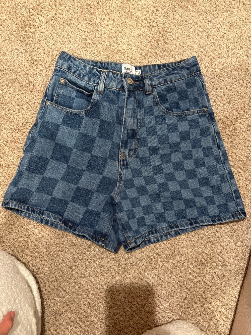Princess Polly Checkerboard High-Waist Denim Shorts - Blue